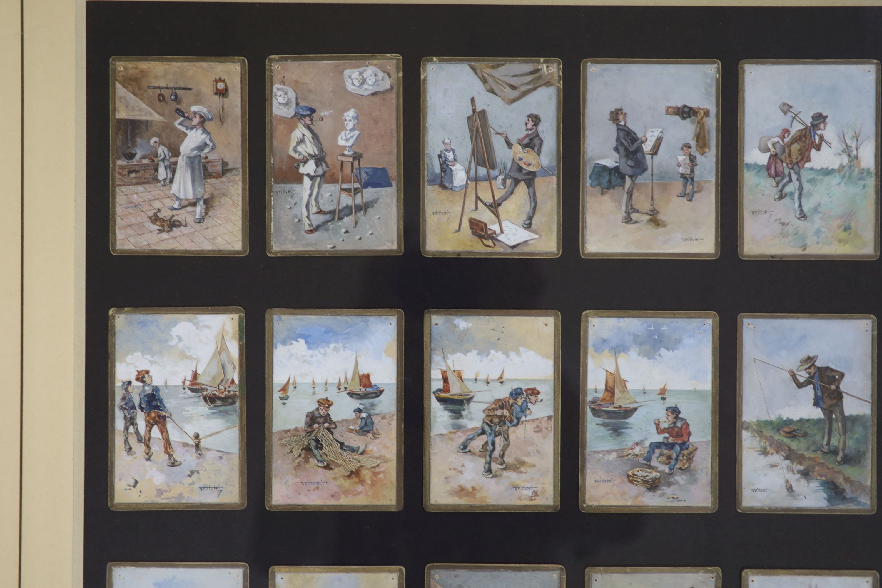 F. Villetti, (Italian, 19th century) a set of 18 humorous / characterful figure studies, maritime, sporting and other pursuits, watercolour on card, each with gilt borders, each signed, individually measuring 10 x 7 cm,